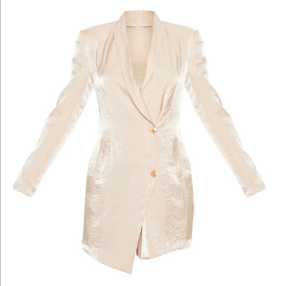 Champagne pleated shimmer gold button blazer dress